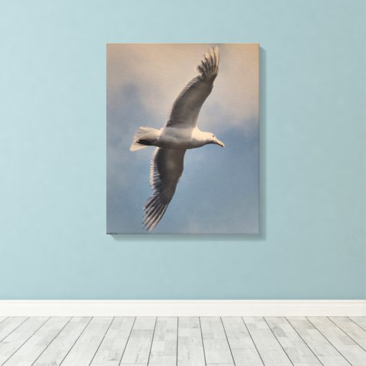 A flying seagull on Stretched Canvas Print (Insitu (Houten vloer))