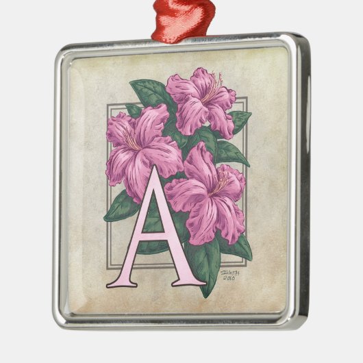 A for Azalea Flower Monogram Square Prem Ornament (Links)
