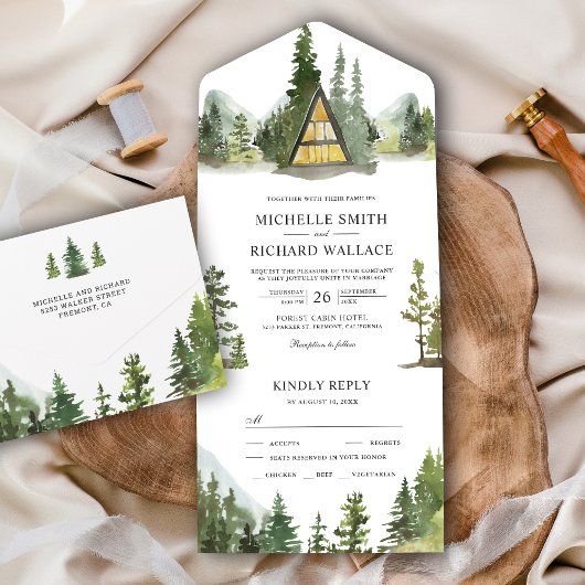 A-Frame blokhut lodge rustieke berg bos bruiloft All In One Uitnodiging