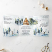 A-Frame Cabin Lodge Winter Bergbos Bruiloft Drieluik Uitnodiging (Binnen)