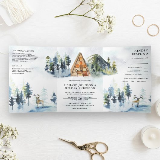 A-Frame Cabin Lodge Winter Bergbos Bruiloft Drieluik Uitnodiging