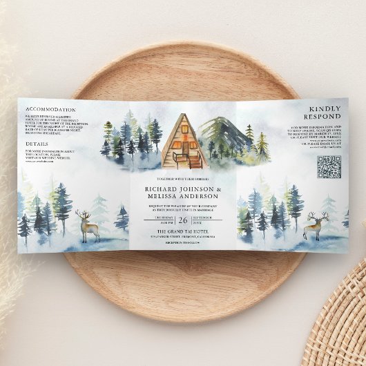 A-Frame Chalet Bergbos QR Code Trouwen Drieluik Uitnodiging