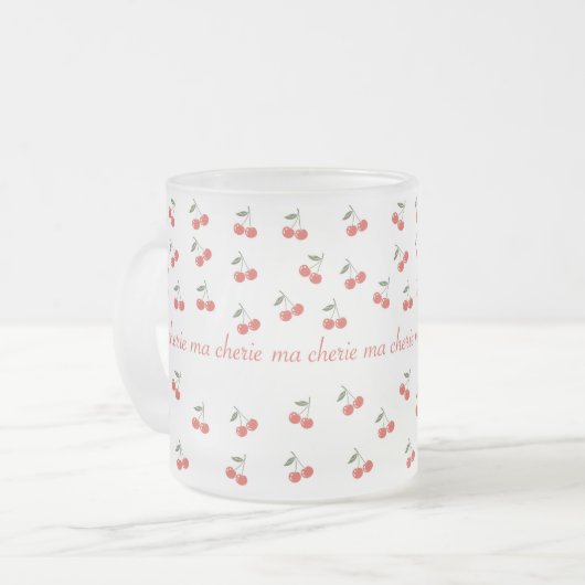 A frosted glass mug with cherry pattern  matglas koffiemok (Voorkant links)