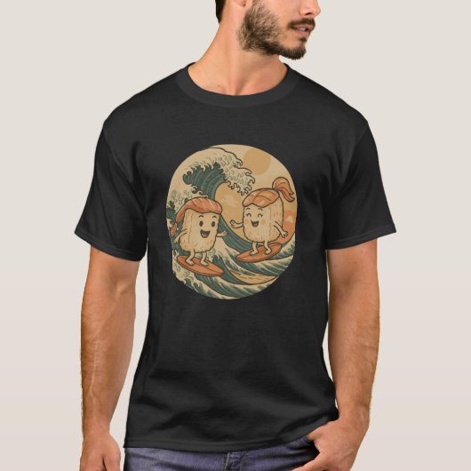 A Funny Rice Sushi Catching Waves T-shirt (Voorkant)