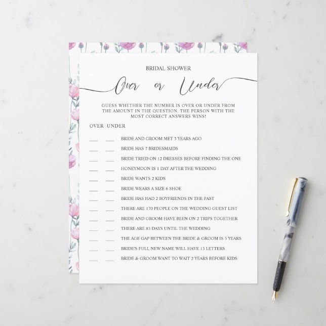 A GAME sheet of paper for a bridal shower. (Voorkant / Achterkant in situ)