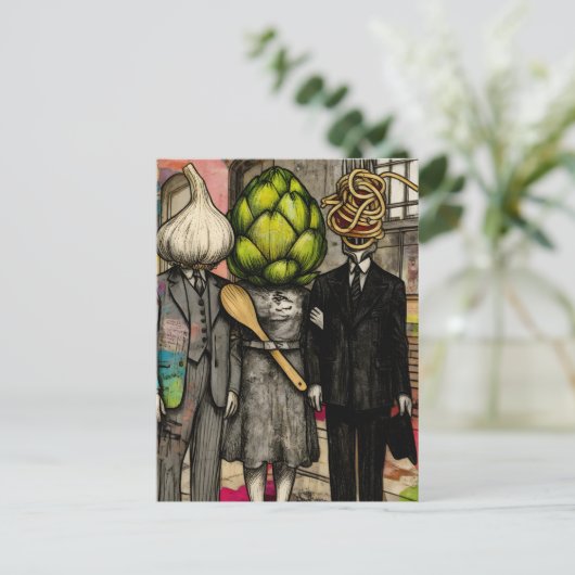 A garlic, an artichoke, and a spaghetti fork funny briefkaart (Staand voorkant)