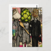 A garlic, an artichoke, and a spaghetti fork funny briefkaart (Voorkant / Achterkant)