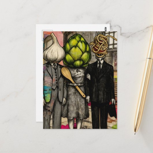 A garlic, an artichoke, and a spaghetti fork funny briefkaart (Voorkant / Achterkant in situ)