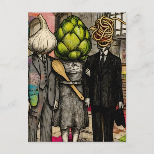 A garlic, an artichoke, and a spaghetti fork funny briefkaart (Voorkant)