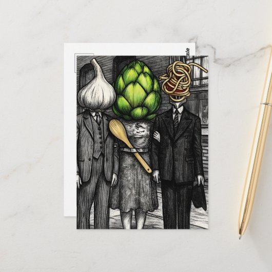 A garlic, an artichoke, and a spaghetti fork funny briefkaart (Voorkant / Achterkant in situ)
