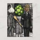 A garlic, an artichoke, and a spaghetti fork funny briefkaart (Voorkant)