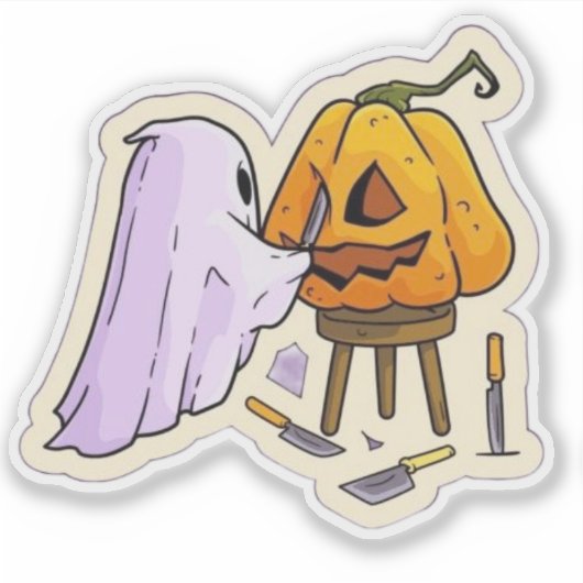 A Ghost carving a pumpkin Sticker (Voorkant)
