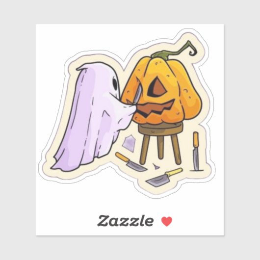 A Ghost carving a pumpkin  Sticker (Vel)