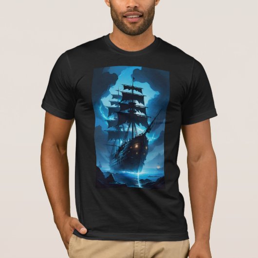 a ghost ship, a pirate ship, a foggy ship, the Fly T-shirt (Voorkant)