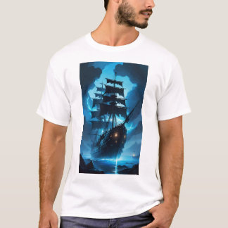 a ghost ship, a pirate ship, a foggy ship, the Fly T-shirt