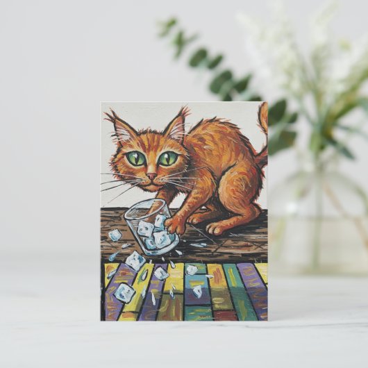 A ginger cat knocks over a glass of ice briefkaart (Staand voorkant)