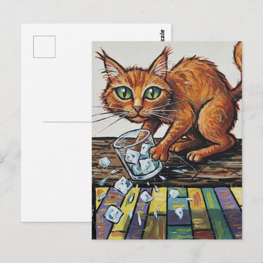 A ginger cat knocks over a glass of ice briefkaart (Voorkant / Achterkant)