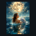 A girl and a baby dolphin swim in the sea poster<br><div class="desc">A girl and a baby dolphin swim in the sea under the moon.</div>