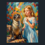 A girl and a seal poster<br><div class="desc">A girl and a seal. A girl in a blue dress pets a seal sitting on a rock.</div>