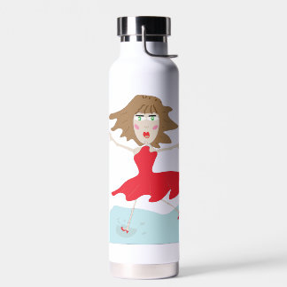 a girl in a red dress bottle happy jumpy waterfles