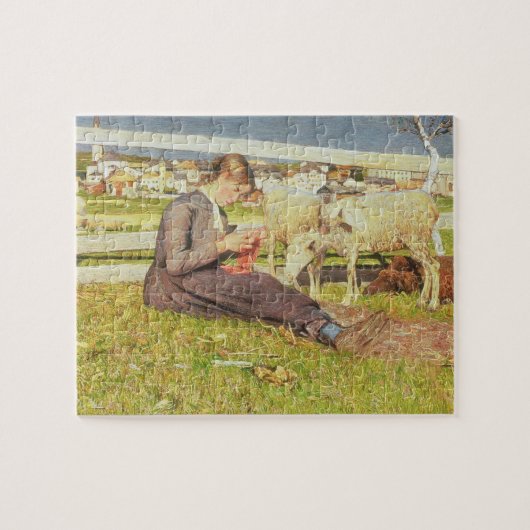 A Girl Knitting, 1888 (olie op doek) Legpuzzel (Horizontaal)