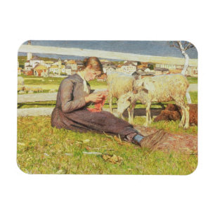 A Girl Knitting, 1888 (olie op doek) Magneet