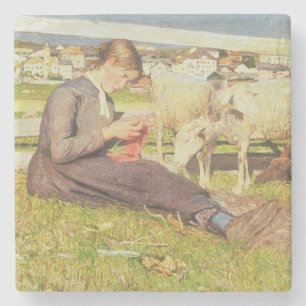 A Girl Knitting, 1888 (olie op doek) Stenen Onderzetter