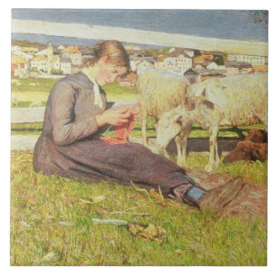 A Girl Knitting, 1888 (olie op doek) Tegeltje