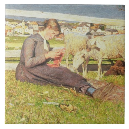 A Girl Knitting, 1888 (olie op doek) Tegeltje (Voorkant)