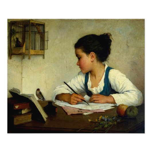 A Girl Writing, Pet Goldfinch by Henriette Browne Foto Afdruk (Voorkant)