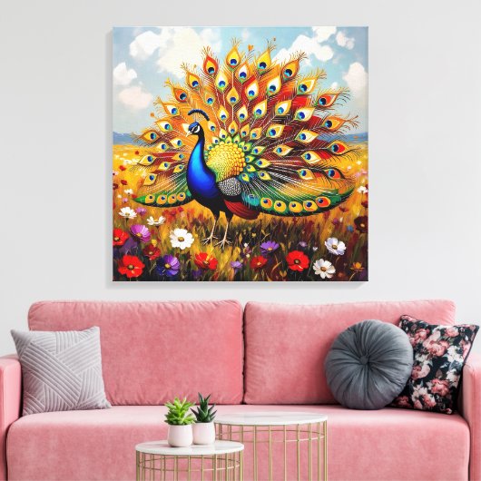 A Gold and Blue Peacock Canvas Afdruk (Insitu (Woonkamer))