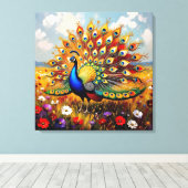 A Gold and Blue Peacock Canvas Afdruk (Insitu (Houten vloer))