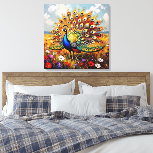A Gold and Blue Peacock Canvas Afdruk (Insitu (Slaapkamer))