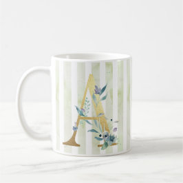 A, gouden initiaal op blauwe en witte strepen koffiemok