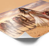 A Graceful Woman with Camels at Sunset Foto Afdruk (Hoek)