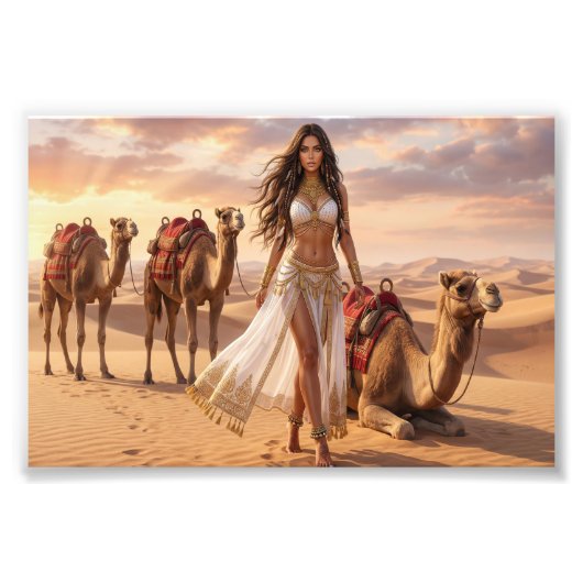 A Graceful Woman with Camels at Sunset Foto Afdruk (Voorkant)