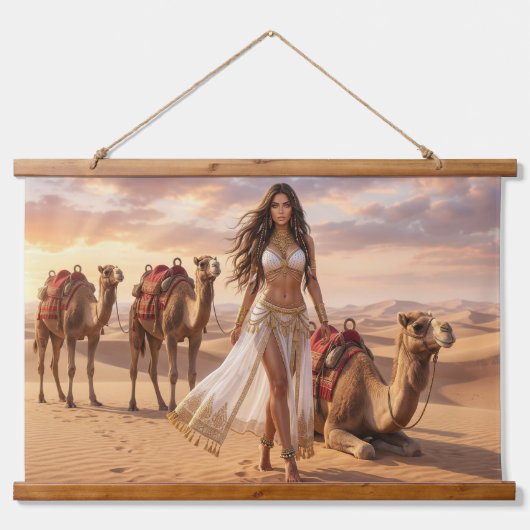 A Graceful Woman with Camels at Sunset Hangend Wandkleed (Voorkant)