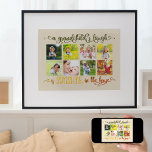 A Grandchilds Laugh Quote 8 Photo Collage Almond Poster<br><div class="desc">Speciaal foto-poster afdrukken voor je grootouders. Het ontwerp kenmerkt acht van uw favoriete foto's, die in vierkant beeldformaat op een neutrale achtergrond van de amandelkleur worden getoond. Het citaat wordt in kalligrafie geletterd in olijfgroen en warme tinten van geel tot verbrand sinaasappel. Er staat: "De lach van een kleinkind is...</div>