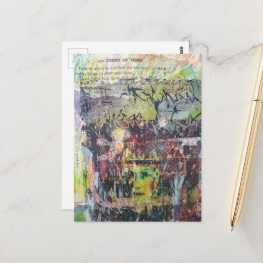 A grungy face verbs mixed media collage briefkaart (Voorkant / Achterkant in situ)