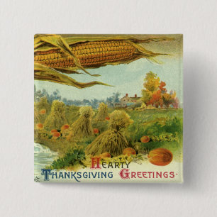 A Hearty Thanksgiving, Indian Corn and Haystacks Vierkante Button 5,1 Cm