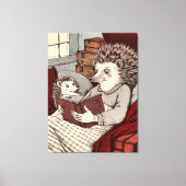 A hedgehog in a blanket reading a book to a young canvas afdruk (Voorkant)