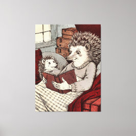 A hedgehog in a blanket reading a book to a young canvas afdruk