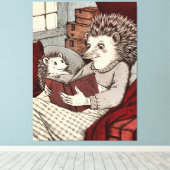 A hedgehog in a blanket reading a book to a young canvas afdruk (Insitu (Houten vloer))