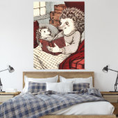 A hedgehog in a blanket reading a book to a young canvas afdruk (Insitu (Slaapkamer))