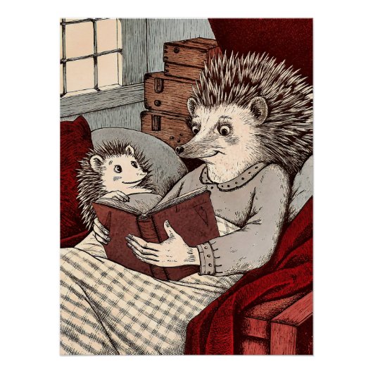 A hedgehog in a blanket reading a book to a young perfect poster (Voorkant)