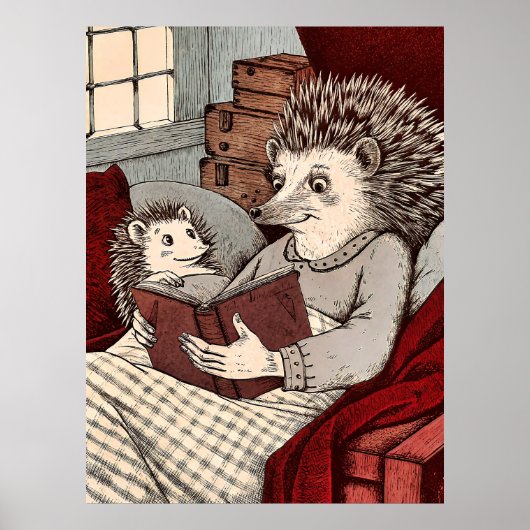 A hedgehog in a blanket reading a book to a young poster (Voorkant)