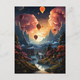 A hot air balloon flies over an asian landscape briefkaart