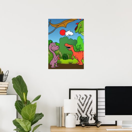 A.I. cartoon dinosaurus is aan het spelen, leuk Poster (Thuiskantoor)