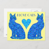 A I Love Cats Blue Abstract Sitting Cat Briefkaart (Voorkant / Achterkant)