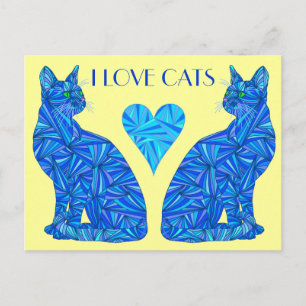 A I Love Cats Blue Abstract Sitting Cat Briefkaart